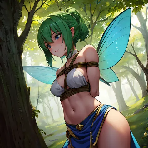  Make a picture where a fairy is getting tied up by a female thief in the woods,  bound