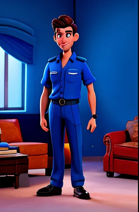 Disney-style photo of a man in a blue uniform with no details in a room cleaning a sofa with an Extractor machine, very detailed. Hes standing tall, looking good. 3d