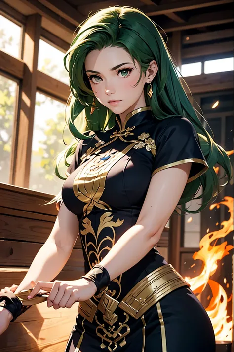 una mujer con cabello color verde atado a una cola alta, arte detallado de Lyn, FIRE EMBLEM Heroes, Lyn, vestido cheongsam abierto, una hermosa mujer kitsune, una hermosa guerrera con arco, cushart krenz arte clave femenino, personaje de FIRE EMBLEM Heroes...