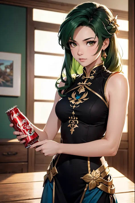 una mujer con cabello color verde atado a una cola alta, arte detallado de Lyn, FIRE EMBLEM Heroes, Lyn, vestido cheongsam abierto, una hermosa mujer kitsune, una hermosa guerrera con arco, cushart krenz arte clave femenino, personaje de FIRE EMBLEM Heroes...