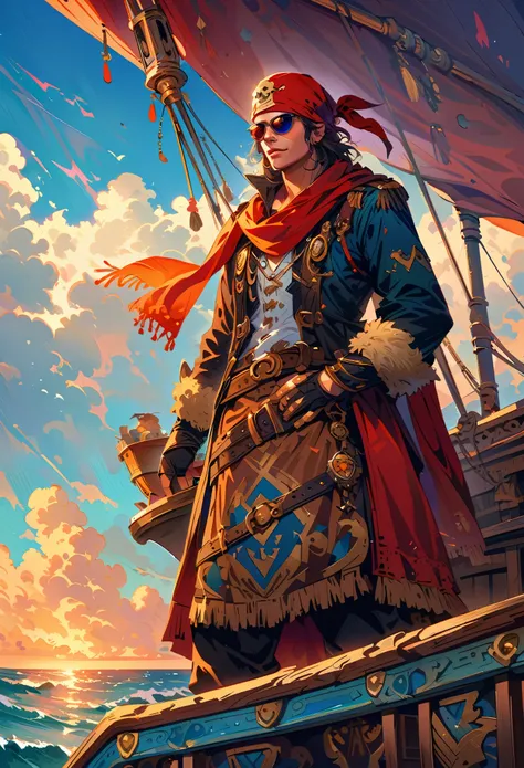 A hyperrealistic digital painting of an alpaca pirate with sunglasses, standing on the deck of his ship in full attire including bandana and scarf, in the background is a treasure island. The style should be reminiscent of fantasy art, with vibrant colors ...