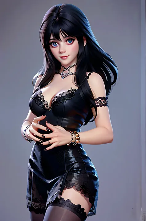 z003yd-v1, Elvira768, Zooey Deschanel, age 16, gynoid physique, (solo:1.1), zooey deschanel, perfect face, (((gothic lingerie))), (((long lace translucent gloves))), (((Jewelry, bracelet))), cup size E, (((black lace patterned stockings))), solo focus, ful...