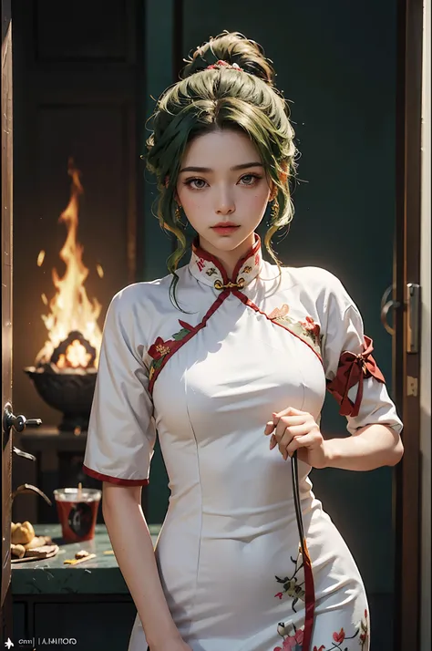 una mujer con cabello color verde atado a una cola alta, arte detallado de Lyn, FIRE EMBLEM Heroes, Lyn, vestido cheongsam abierto, una hermosa mujer kitsune, una hermosa guerrera con arco, cushart krenz arte clave femenino, personaje de FIRE EMBLEM Heroes...