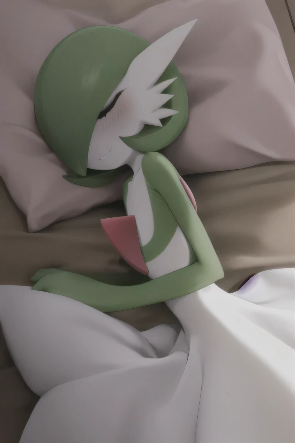 Gradevoir is sleeping in the beds blushing and they close their eyes, smiles, mouths, closed, Masterpiece, best_quality, 1 girl, alone, gardevoir, white dress, creatures (company), freak game, Nintendo, pokemon, pokemon (game ), punches, colored skin, fema...