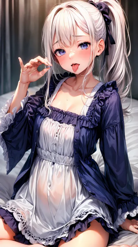 Super detailed(eye:1.7),highest quality、Best image quality、On the bed、Beautiful valley、Disheveled clothes、thin、Humiliated face、Dog Pose、Super detailed、Small breasts、Light Particles 0.5、Moist eyes、Wet body、lick、Open your mouth、Sticking out tongue、dripping c...