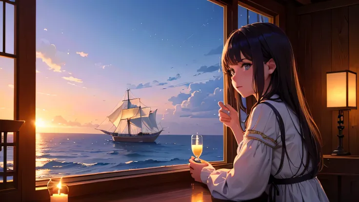 (8k, RAW foto, mejor calidad, (Obra maestra, super high quality, super detailed), paisaje, chica joven, Absoluto, velas escarlatas, girl looking at the sea from the coast, camera looking at the sea, detalles intrincados, sailing ship with velas escarlatas,...