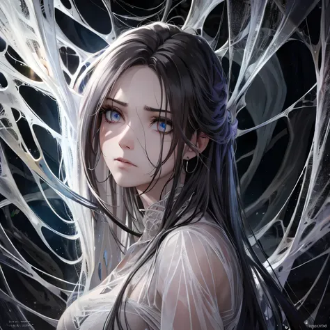 (best quality,4k,highres,masterpiece:1.2),dark gothic,hauntingly detailed,spider web,woman in distress,detailed facial expressio...