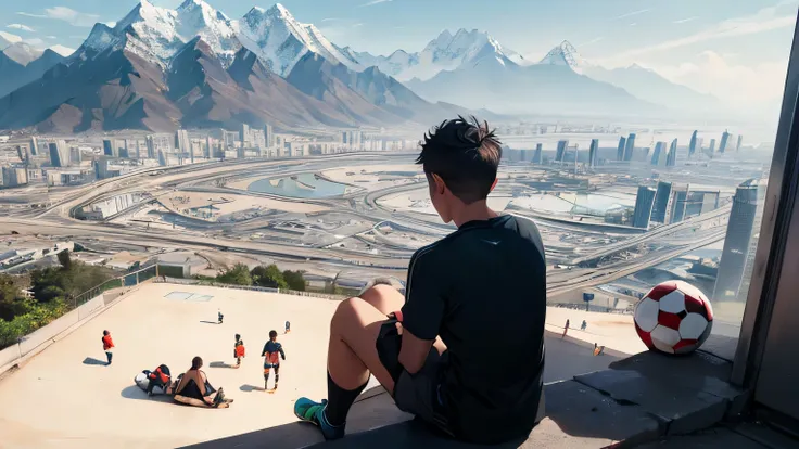 There was an 18 year old boy sitting on the hill with his back to us dressed in normal clothes..，Watching the fierce soccer match at the foot of the mountain.，en verano, en dubai, La vista es desde arriba de su cabeza..，We can also watch the game. 