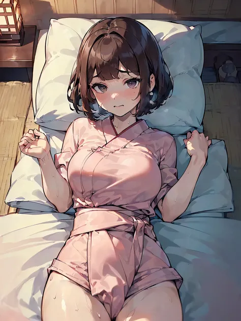 ((((((A man&#39;s hand is stroking her waist:1.3))))))、(((Wearing a pink work uniform:1.3)))、(((The duvet and sheets are white:1.3)))、(((A short-haired man is licking his crotch:1.3)))、(((Close-up:1.3、A man buries his face in a woman&#39;s crotch:1.3、Cunni...