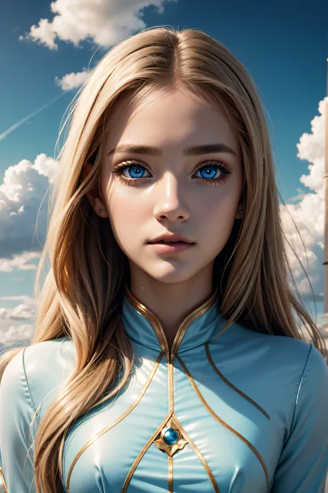 Brynn Cartelli, wearing cosmos costume transparent. professionally retouched, soft lighting, realistic, smooth face, perfect eyes, sharp focus on eyes, 8 k, high definition, insanely detailed, intricate, elegant. against the background of clouds.