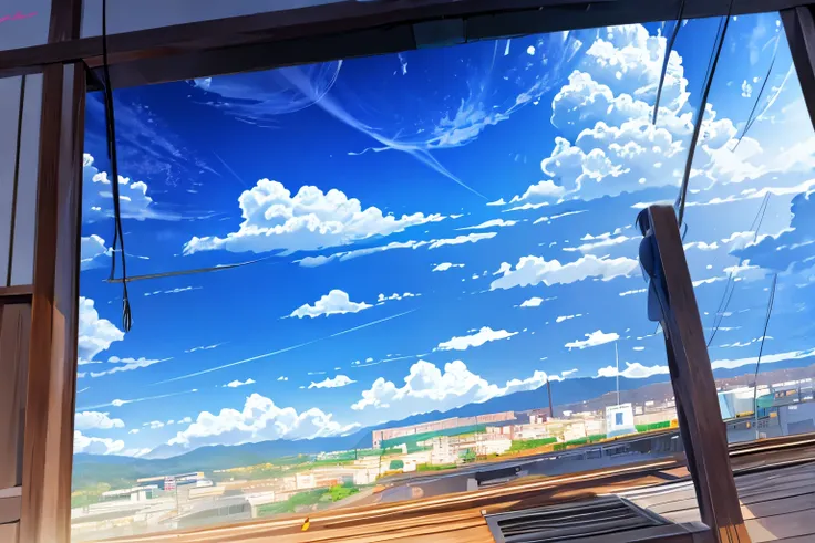 anime background,just mon]ika silhouette observing the blue sky by the morning on the window, hello world