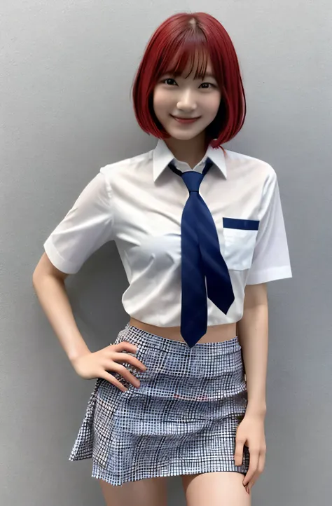 17 years old、Japanese、Small breasts, , Red color hair、Bobcut, Navy blue checkered tie, Navy blue mini skirt, White shirt, Idol Sculpture, Wet, smile、Pink wall、Her underwear is slightly visible、sexy、slender