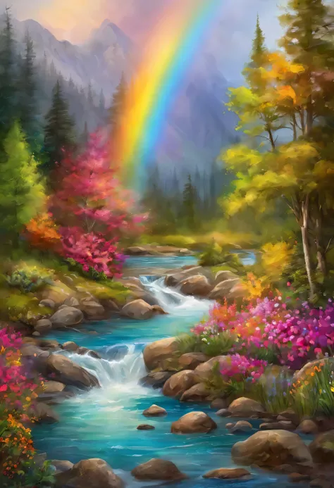 rainbow over a river with pink flowers and rocks in the foreground, extraordinary colorful landscape, ethereal rainbows, vivid rainbow of colors, scenic colorful environment, really beautiful nature, magical colorful flowers, just one rainbow 8 k, beautifu...