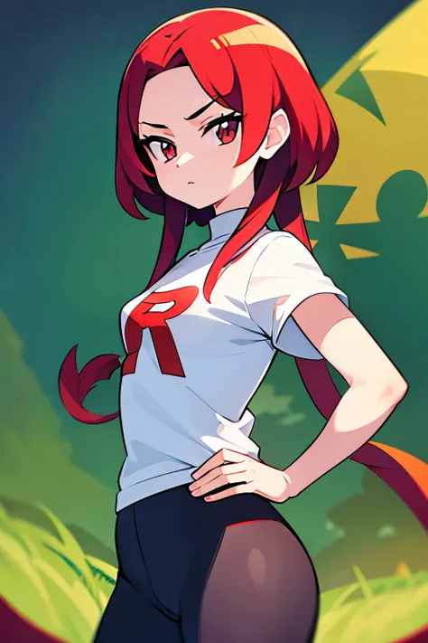 young girl, team rocket shirt, red hair, long hair, curly hair, black circles in eyes, grren eyes, small girl, small breasts,. 4...