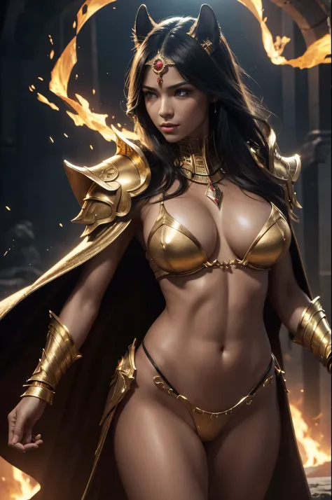 8K,Realistic, jewelry, (alone), (Dynamic pose),  ((Hell&#39;s Gate)), fire, landscape of hell, (underworld), (dark landscape),Female Anubis, Egyptian jackal-headed god, Humanity, Muscular, (holding gold scales), Dynamic pose, Cinematic, Dramatic camera ang...