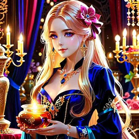 1girl, long_hair, bright_hair_color, seductive_eyes, mysterious_expression, mature_appearance, glamorous_outfit, flowing_dress, elegant_jewelry, intricate_embellishments, magic_symbols, glowing_accessories, potions, scrolls, cute_accents, bows, ribbons, fl...