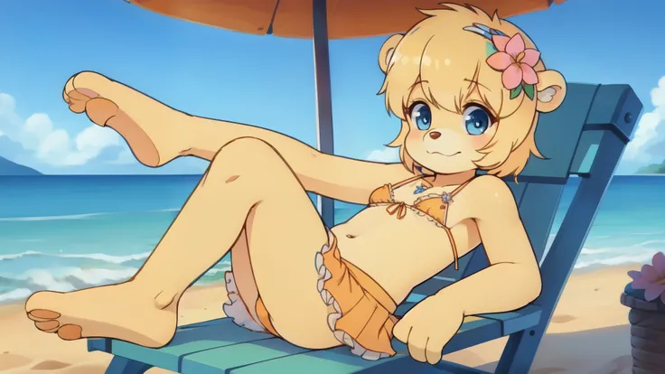 Sunni Gummi, bear, blue eyes, clear yellow hair, bangs, clear yellow body fur, small breasts, detailed face, detailed eyes, detailed body fur, glistering body, shiny body, gorgeous body, ((orange frilly bikini, flower pin on hair, small orange frilly skirt...