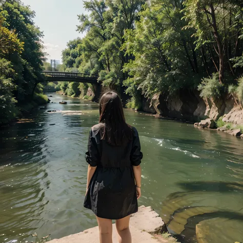 Beautiful landscape with river on one side and a beautiful hosue at the other side with a beautiful girl standing on the side of the river