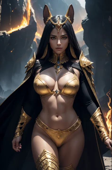 8K,Realistic, jewelry, (alone), (Dynamic pose),  ((Hell&#39;s Gate)), fire, landscape of hell, (underworld), (dark landscape),Female Anubis, Egyptian jackal-headed god, Humanity, Muscular, (holding gold scales), Dynamic pose, Cinematic, Dramatic camera ang...