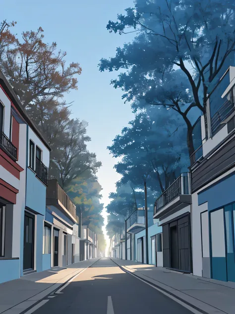 an empty street with trees while watching the sunrise appear, el cielo color azul y despejado,