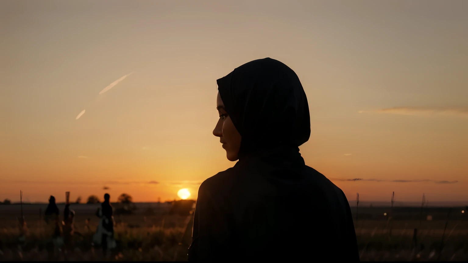 silhouette of a person, silhouette over sunset, silhouettes in field behind, silhouette of women with hijab, looking at sunset, silhouette of a man, during a sunset, in the sunset, at the sunset, with sunset, sunset photo, with a sunset, looking out at a s...