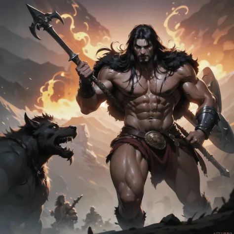 um homem com uma espada negra em uma guerra,Irritado e lutando, barbarian, barbarian on Roman battlefield, barbarian class, furioso, Epic mythology, Conan the barbarian, barbarian warrior, Conan, male barbarian, Frank Frazetta8k, fur-clad barbarian goliath...