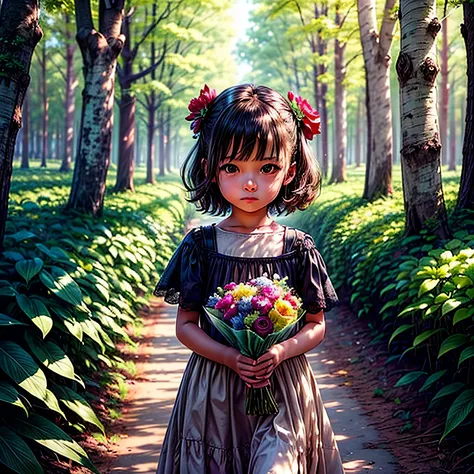 there is a little girl in a red and white dress holding a bouquet, girl in flowers, picking flowers, holding flowers, picking up a flower, girl standing in flower field, girl standing in a flower field, flowers on heir cheeks, girl in a flower field, portr...