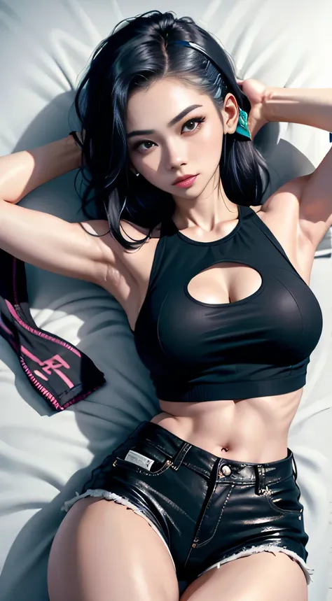 sfw, ((lying on bed top view)), headphones on, cute casual streetwear, photo of slim girl model, wearing cyberpunk streetwear, wearing a black cropped tank top, korean womens fashion model, all black cyberpunk clothes, cyberpunk streetwear, y 2 k style, y2...