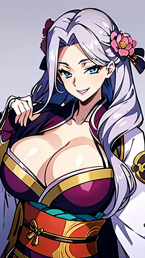 huge ,  smile, busty, kimono, cleavage, silver hair, blue eyes, long hair, milf, upperbody, 