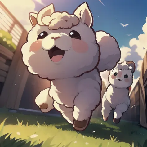 1 Cute alpacas running wildly, panicked alpacas, Cute cartoon style, panicked expression,alpacas being chased, running towards the camera, HD, dynamic angle, looking from the bottom up,