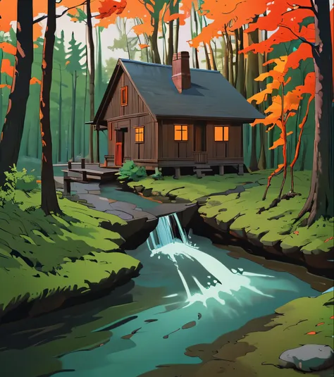 small wooden house, cozy, surrounded by forest, flowing stream, warm coloring