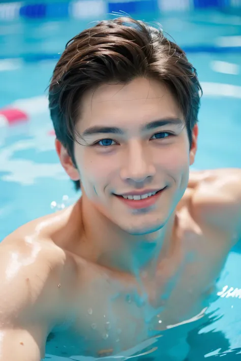 Create photos of a white asian boy, smiling, blue-eyed man with an athletic body in the pool