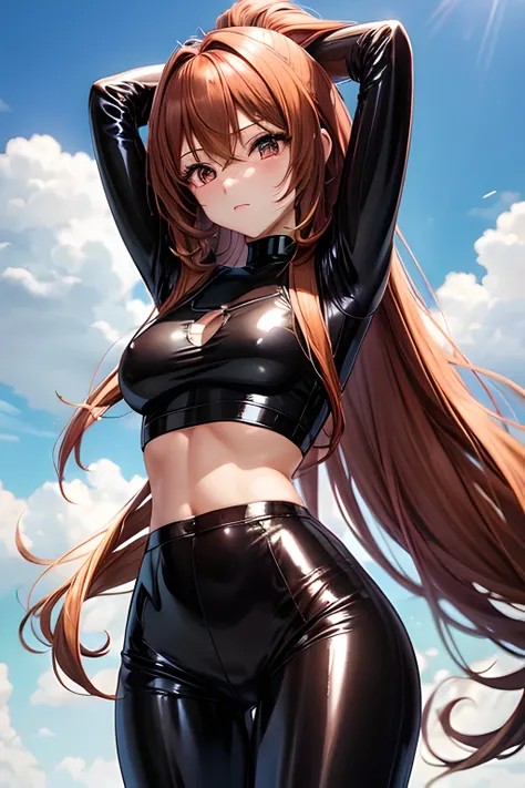 light brown long haired, auburn haired,black asian eyes, thin and sexy body, sexy chest , little anime girl, latex crop top, latex leggings, shy