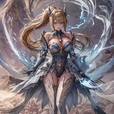 combat mecha，（blonde girl），(huge ponytail),Sparkling blue eyes，Blue light energy long sword，Milky Way，Mechanical and sophisticated，（（blonde beauty））Genitalia details，mecha wings，elegant，Blue Mecha，Sparkling blue eyes，（stocking heels），land，Mechanical and so...