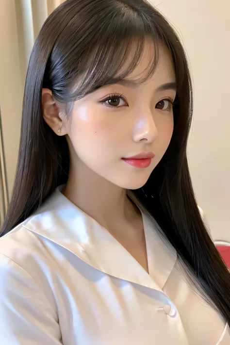 ((Very shiny, lustrous, fine, voluminous, detailed, incredibly long, straight, black hair that reaches down to the waist))　(The sexiest 24-year-old woman in Japan)　((highest quality)), ((masterpiece)), Perfect Face　(The bangs are neatly trimmed like a prin...