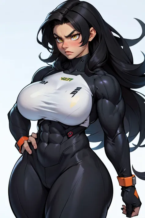 1girl (((muscular toned body))) huge breasts thick thighs wide hips curvy abs black hair yellow eyes very long hair pale skin voluptuous angry blush bodysuit