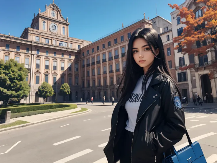 A 20 year old girl, cabelos longos na cor vermelha, algumas sardas no rosto, dressed in a black jacket, sentada em um banco, in the background a huge college building, estilo italiano, blue sky, algumas arvores, imagem ampla, realista.