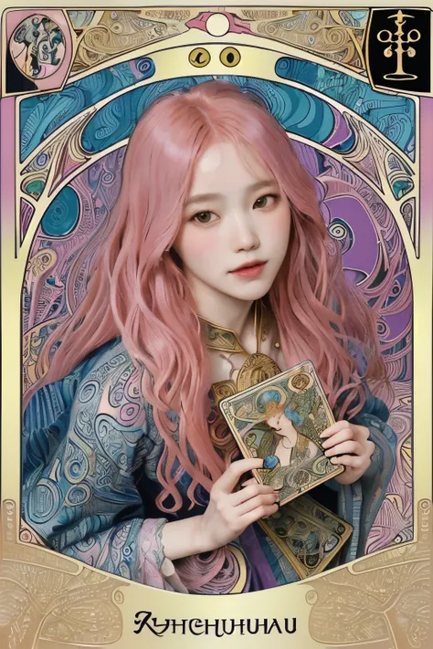 ((masterpiece:1.2, best quality)), very detailed, Ultra-precise depictions, very detailed 묘사, (Zentangle:1.2), (dynamic pose), (abstract background:1.5), wavy long hair, pink hair, 1 woman, fancy, portrait, (from above:1.2), Alphonse Mucha, art nouveau,
 (...