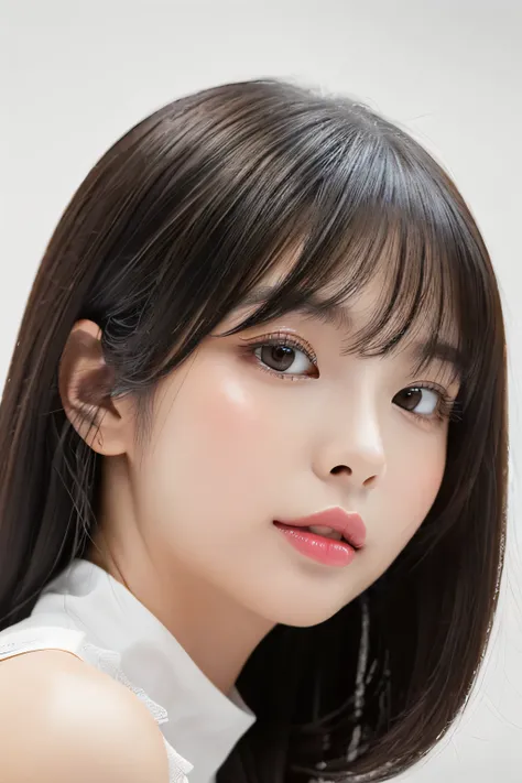 (A 24-year-old Japanese woman)　(Her long bangs, Reaching up to her eyes, Well-organized)　(She looks down on the viewers.)　(A close-up of the face from the neck up with the whole body facing the viewer)　((Her hair is incredibly straight、Very shiny and silky...