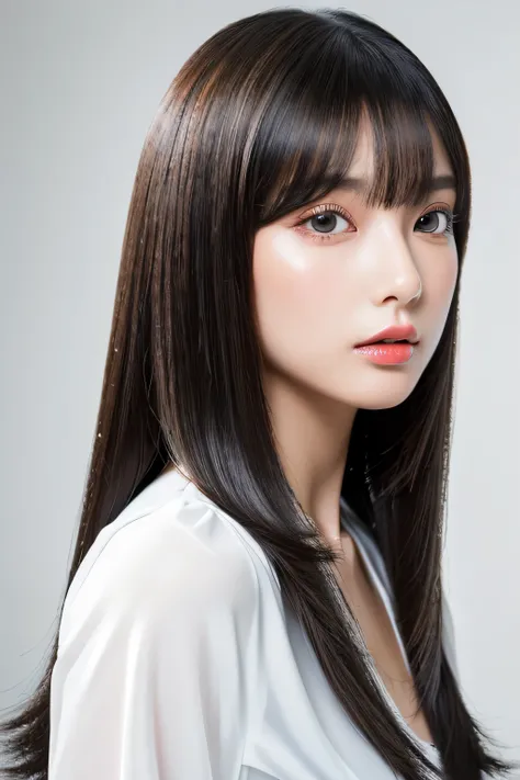 (The background is a pure white wall:1.ID photo number 8)　(One of the most beautiful 24-year-old women in Japan)　(An angry or hostile stare)　((Her hair is incredibly straight、Very shiny and silky beautiful、Very detailed, thin, and very voluminous jet black...