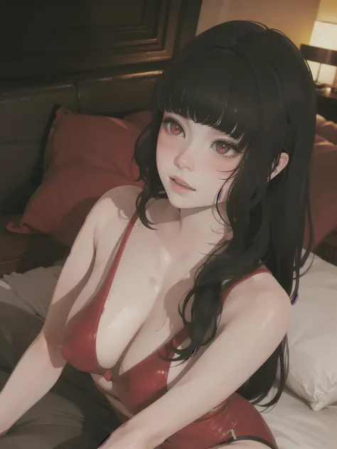 masterpiece, highly detailed, best quality, night, low-light, 1girl, solo, Luna, black hair, red eyes, loose hair, blunt bangs, blush, lying on the bed 