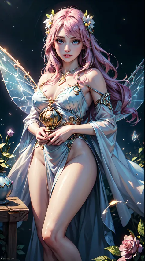 1 moon，Beautiful transparent flower fairy baby, detailed face, detailed eyes, detailed hands, Transparent colorful wings, The wand flutters in the wind､The wand flashed with starlight，Golden wand，Beautiful blue sky and white clouds、Girls have transparent w...