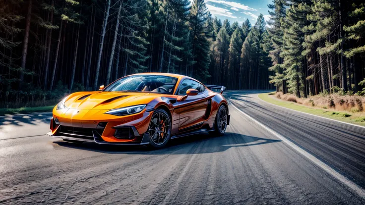 race track, orange sports car driving down the road, bright sun, the forest((8K, Raw-Photo, top quality, masterpiece), Highly detailed RAW color photography, professional photography, (realistic, фотоrealism:1. 37), (top quality), (best shadow), (Best Illu...