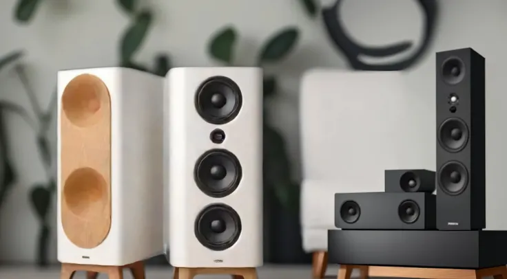 there are two speakers sitting on a table next to a couch, giant speakers, audiophile, studio quality smooth render, speakers, huge speakers, product render, from 8 k matte, 3 d product render, pods, product design render, many speakers, ultra realistic re...