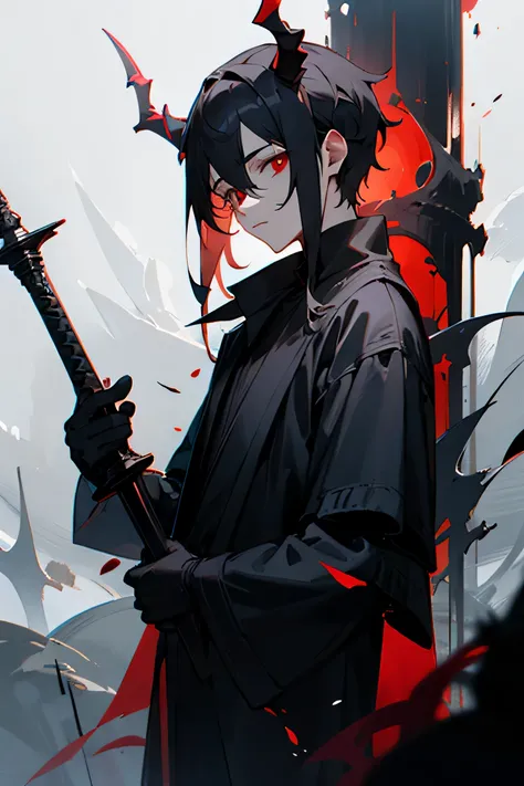 Male, dark hair, red eyes, Dark clothes, mist, holding a black dagger, short horns on sides of the head