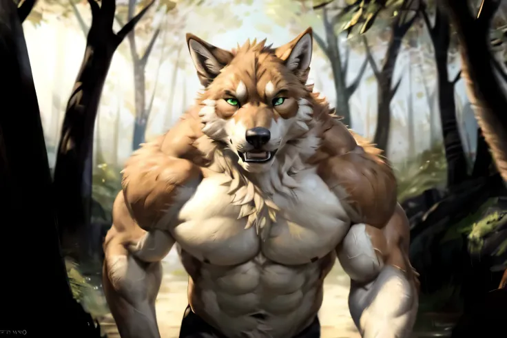 muscular feral:1.2 werewolf, posing for the camera. 4k, high resolution, best quality, perfect colors, perfect shadows, perfect lighting, posted on e621, orange furry body, orange fur, white chest, black beard, feral wolf, werewolf, solo, male, adult, gree...