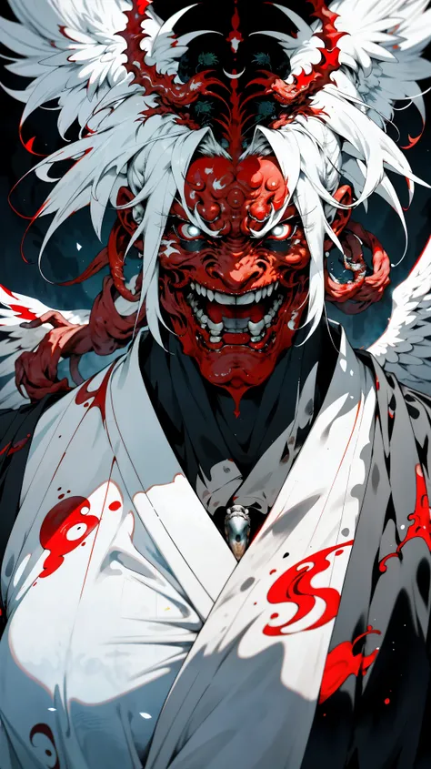 Imposing and terrifying alien tengu, it is 3 meters tall, has red-hot skin, long white hair, angelic white feather wings, and is adorned with a Buddhist monks outfit, volatile, aggressive and ruthless.