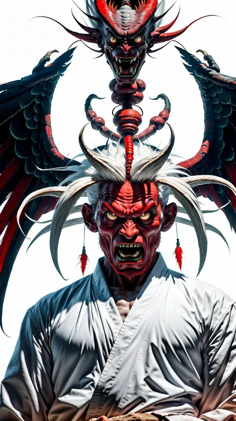 Imposing and terrifying alien tengu, it is 3 meters tall, has red-hot skin, long white hair, angelic white feather wings, and is adorned with a Buddhist monks outfit, volatile, aggressive and ruthless.