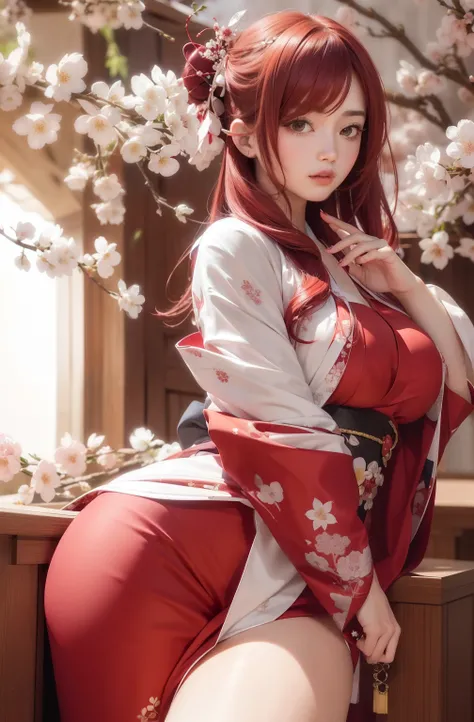 asts), (long round legs), (detailed and shiny hair, vibrant crimson red hair, loose waves hairstyle), (wearing silk kimono featuring a pattern of cherry blossoms in various shades of pink and white, the fabric flows gracefully, the obi is intricately tied ...