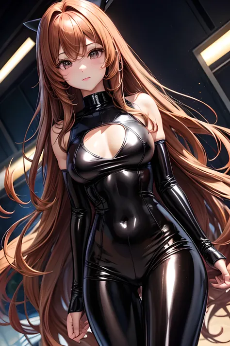 light brown long haired, auburn haired,black asian eyes, thin and sexy body, sexy chest , little anime girl, latex leggings, latex suit